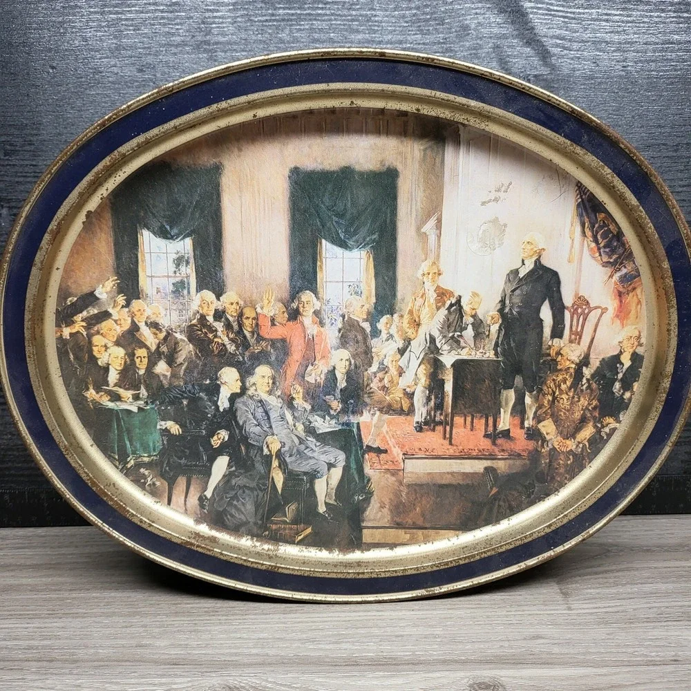 Vintage Sunshine Biscuits Signing The Constitution Oval Tin 14.5x10.5